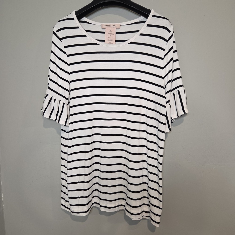 Philosophy Republic Clothing Striped Ruffle Sleeve Top Womens Medium White Black